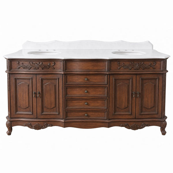 Antique brown Morton 72 inch double sink vanity with white quartz top