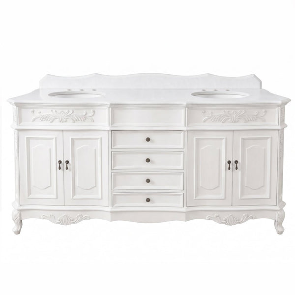 Antique white Morton 72 inch double vanity with white quartz top and carved trim