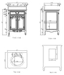 Antique white Rocaille Victorian bathroom vanity dimension drawing, front, side, top and back views