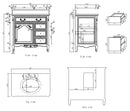 Antique brown Rocaille Victorian bathroom vanity dimension drawing with front, side, top and back views