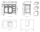 Antique brown Rocaille Victorian bathroom vanity dimension drawing with front, side, top and back views