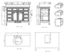 Antique brown Rocaille Victorian bathroom vanity, dimension drawing with front, side, top and back views