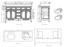 Antique brown Rocaille Victorian double vanity with two sinks, dimension drawing with front, side, top and back views