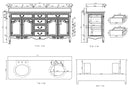 Antique brown Rocaille Victorian double vanity with two sinks, dimension drawing with front, side, top and back views