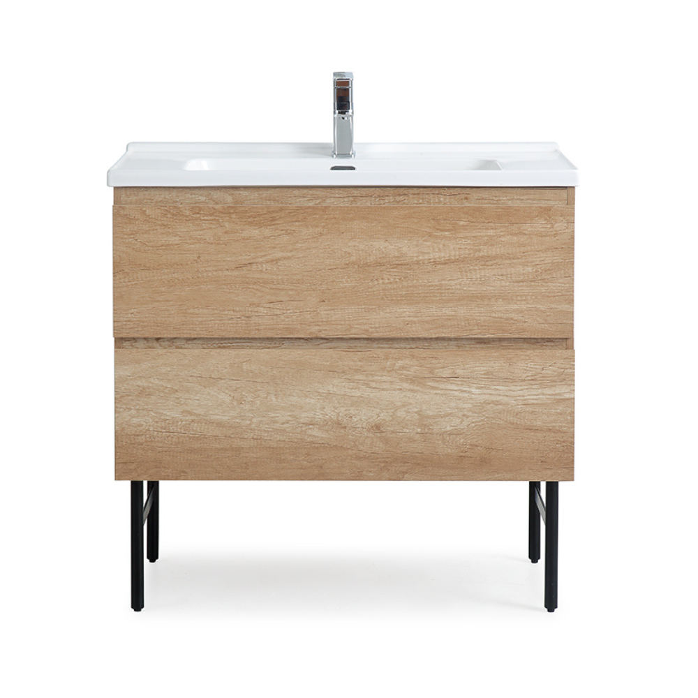 36 Inch Modern Bathroom Vanity with Wood Look, Metal Legs & Solid