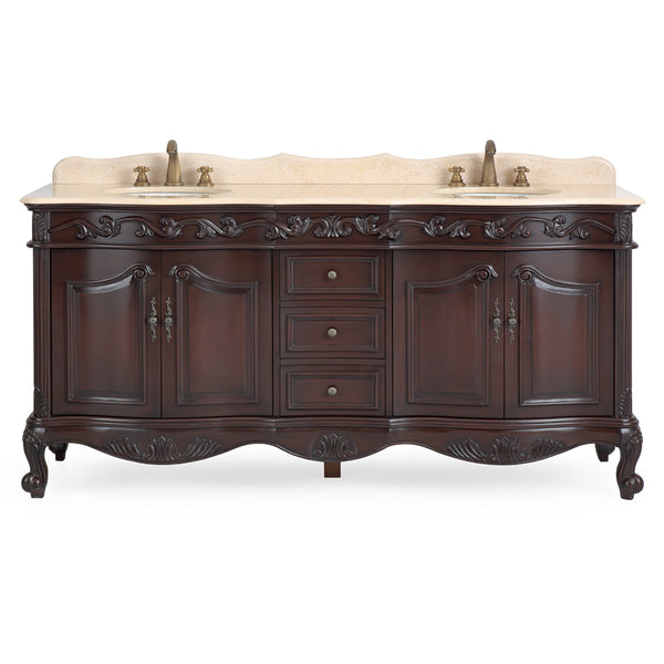 72 Inch Brown Antique Traditional Style Double Sink White Top Beckham Bathroom Vanity
