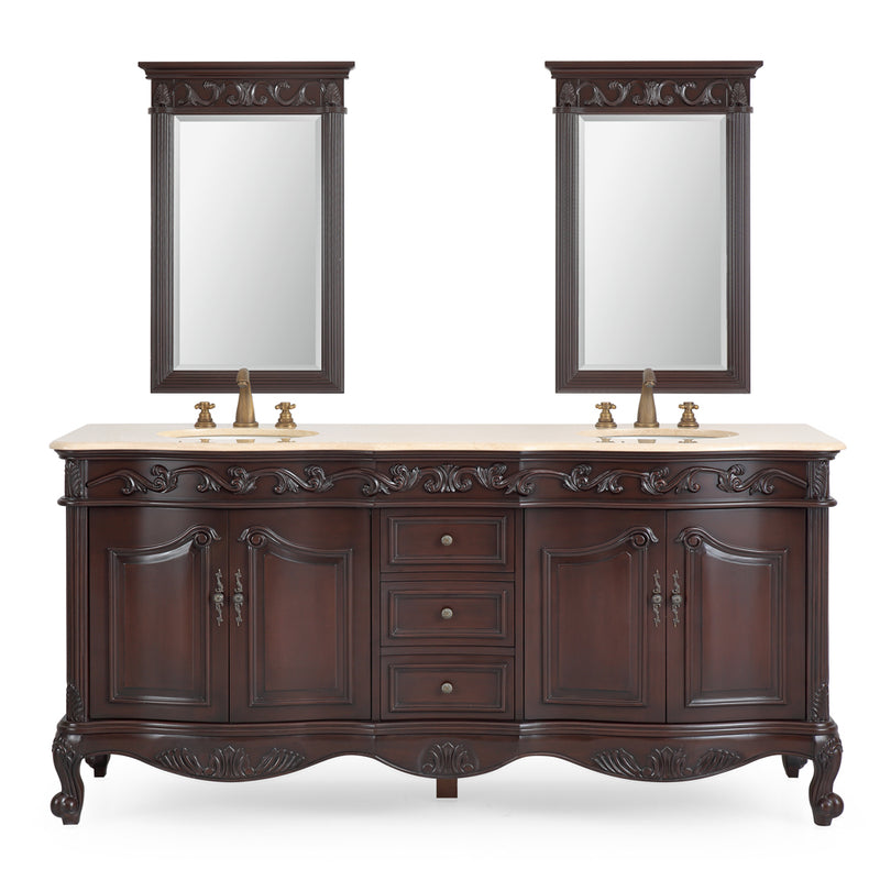 72 Inch Brown Antique Traditional Style Double Sink White Top Beckham Bathroom Vanity
