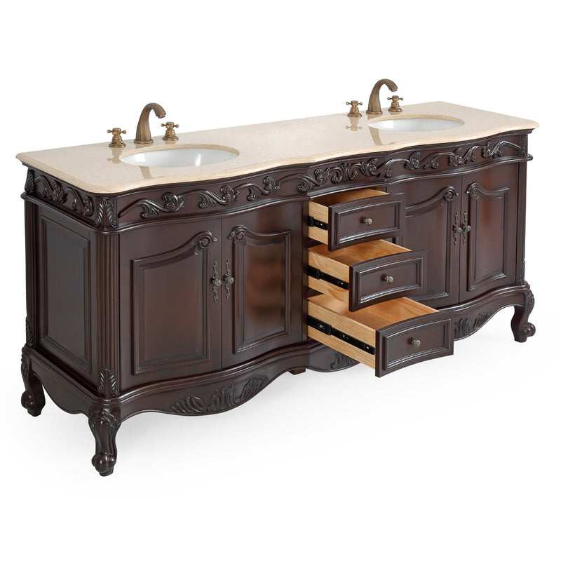 72 Inch Brown Antique Traditional Style Double Sink White Top Beckham Bathroom Vanity