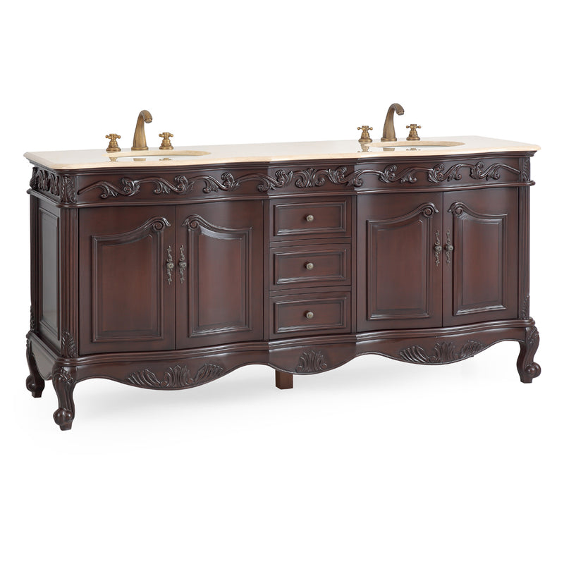 72 Inch Brown Antique Traditional Style Double Sink White Top Beckham Bathroom Vanity