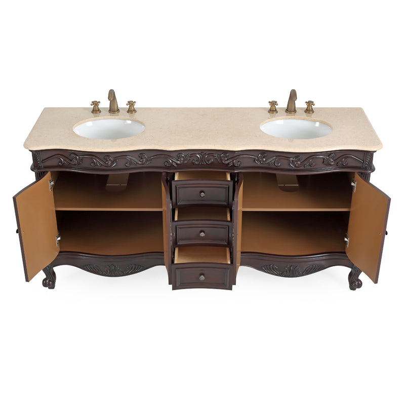 72 Inch Brown Antique Traditional Style Double Sink White Top Beckham Bathroom Vanity