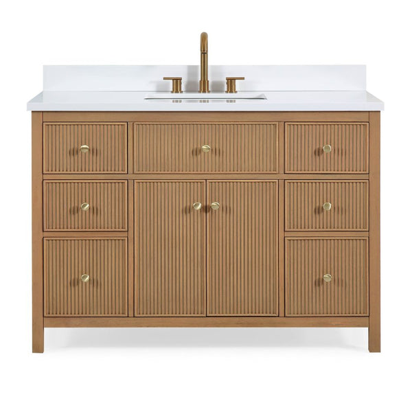 48 Inch Natural Oak Fluted Style Marbella Bathroom Vanity With White Quartz Top