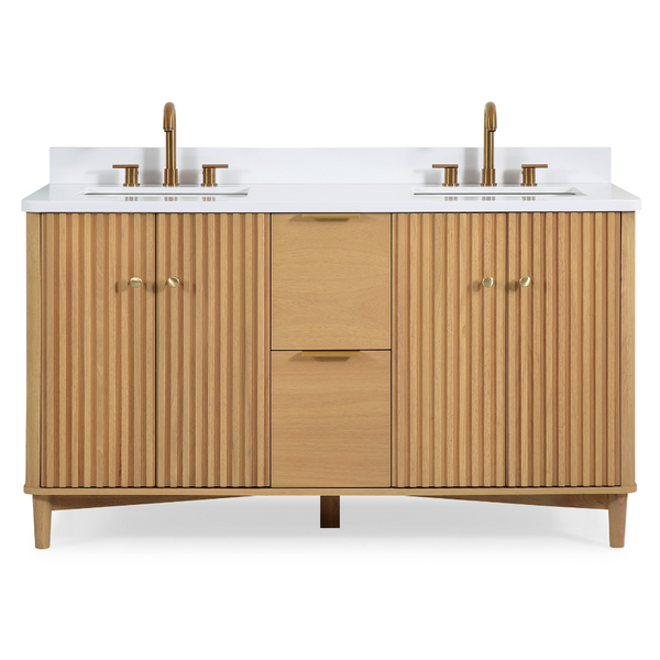 60 Inch Double Sink Wood Finish Odelia Bathroom Vanity With White Quartz Top