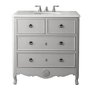 Distressed gray Daleville cottage bathroom vanity, front view with drawers and white top
