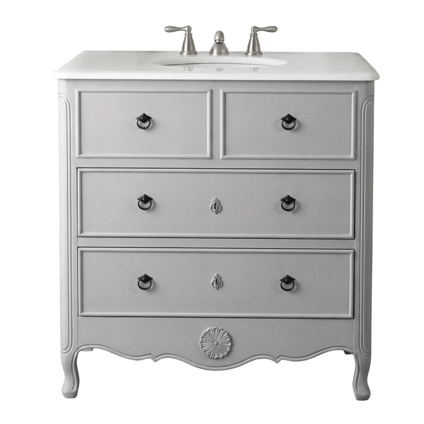 Distressed gray Daleville cottage bathroom vanity, front view with drawers and white top