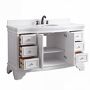 Chans Furniture Sesto white single sink bathroom vanity, angled view with doors and drawers open