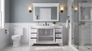Chans Furniture Sesto white single sink bathroom vanity, lifestyle view with doors open showing the center shelf