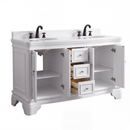 Chans Furniture Sesto white double sink bathroom vanity, angled view with doors and drawers open