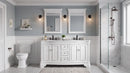 Chans Furniture Sesto white double sink bathroom vanity, in gray bathroom with mirrors and shower
