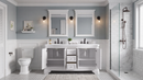 Chans Furniture Sesto white double sink bathroom vanity, in gray bathroom with doors and drawers open