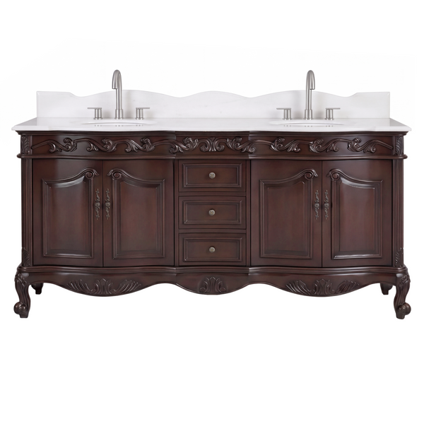 64 Inch Traditional Freestanding Brown Beckham Bathroom Vanity, Double Sink, Marble Top, Fully Assembled
