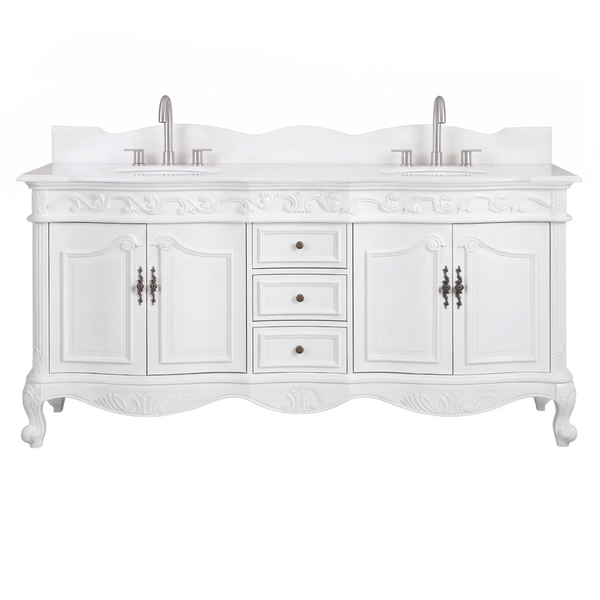 64 Inch Traditional Freestanding Antique White Beckham Bathroom Vanity, Double Sink, Marble Top, Fully Assembled