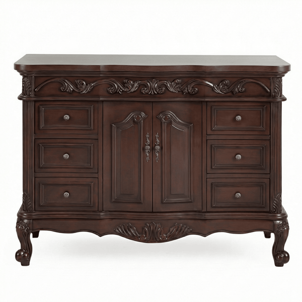 Front view of the cherry brown Beckham cabinet base with carved trim, two center doors, side drawers and cabriole legs, no top