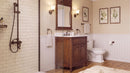 Antique brown Rocaille Victorian bathroom vanity, angle view in a bathroom with a mirror and shower