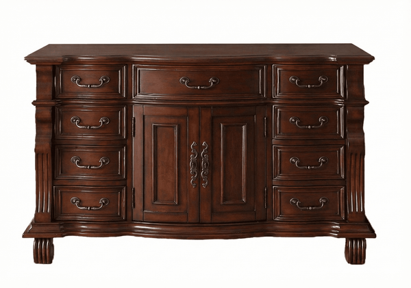Front view of the cherry wood Hopkinton cabinet base with two arched paneled doors, side drawers and scroll feet, no top