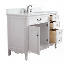 Chans Furniture Rocaille Victorian bathroom vanity, white with a distressed finish, single sink, angled view, storage open