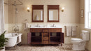 Antique brown Rocaille Victorian double vanity in a bathroom with two mirrors, doors open showing the shelves