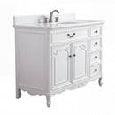 Chans Furniture Rocaille Victorian bathroom vanity, white with a distressed finish, single sink, angled side view