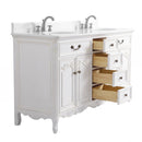 Chans Furniture Rocaille Victorian bathroom vanity, white with a distressed finish, double sink, angled view, drawers open