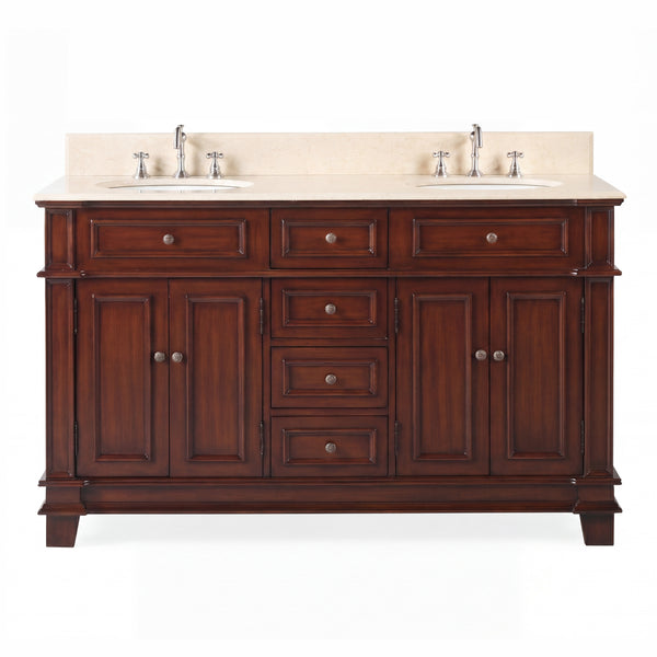 60 Inch Traditional Freestanding Sanford Bathroom Vanity, Double Sink, Cream Marble Top, Fully Assembled