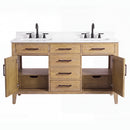 54 Inch Mid-Century Modern Weathered Natural Carvel Bathroom Vanity, Double Sink, White Quartz Top, Fully Assembled