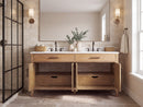 72 Inch Mid-Century Modern Weathered Natural Carvel Bathroom Vanity, Double Sink, White Quartz Top, Fully Assembled