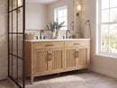 60 Inch Mid-Century Modern Weathered Natural Carvel Bathroom Vanity, Double Sink, White Quartz Top, Fully Assembled