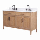 60 Inch Mid-Century Modern Weathered Natural Carvel Bathroom Vanity, Double Sink, White Quartz Top, Fully Assembled