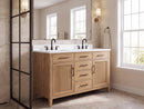 54 Inch Mid-Century Modern Weathered Natural Carvel Bathroom Vanity, Double Sink, White Quartz Top, Fully Assembled