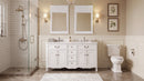 Chans Furniture Rocaille Victorian bathroom vanity, white with a distressed finish, double sink, bathroom with glass shower