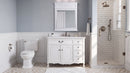 Chans Furniture Rocaille Victorian bathroom vanity, white with a distressed finish, single sink, mirror, blue-gray bathroom