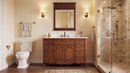 Antique brown Rocaille Victorian bathroom vanity with white quartz top in a bathroom with a mirror