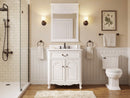 Antique white Rocaille Victorian bathroom vanity in a bathroom with a mirror, doors closed