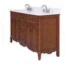 Antique brown Rocaille Victorian bathroom vanity with white quartz top and two faucets, angle view