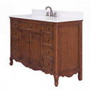 Antique brown Rocaille Victorian bathroom vanity with white quartz top, angle view