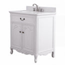 Antique white Rocaille Victorian bathroom vanity with white quartz top, angle view