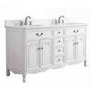 Chans Furniture Rocaille Victorian bathroom vanity, white with a distressed finish, double sink, angled side view