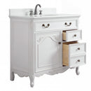 Chans Furniture Rocaille Victorian bathroom vanity, white with a distressed finish, single sink, angled view, drawers open