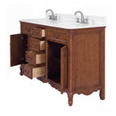 Antique brown Rocaille Victorian bathroom vanity with two faucets, angle view with doors and drawers open