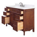 Antique brown Rocaille Victorian bathroom vanity, angle view with drawers open