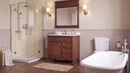 Antique brown Rocaille Victorian bathroom vanity, angled bathroom view with mirror and clawfoot tub